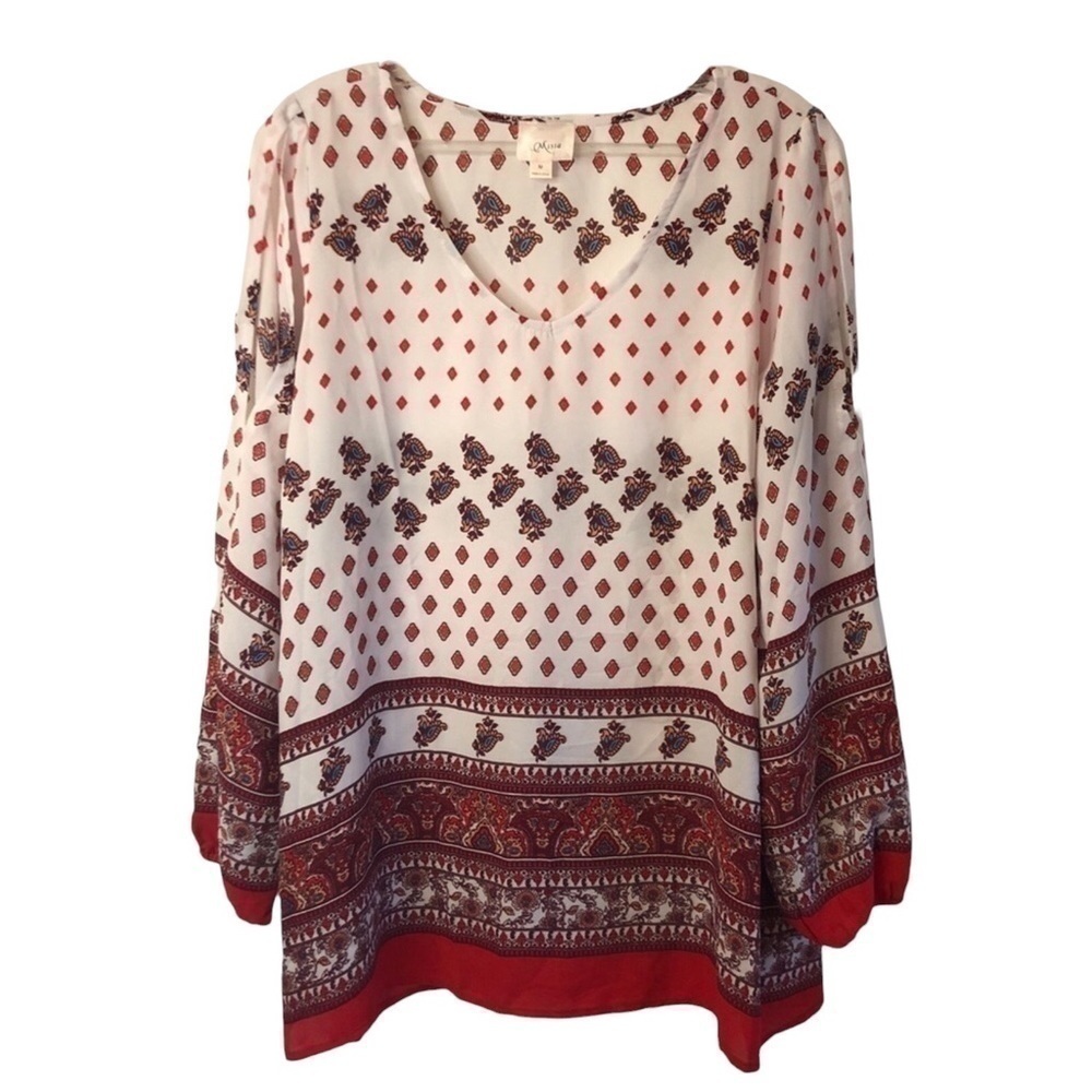 Misia Burgundy Ivory Long Sleeve Vneck Blouse Medium